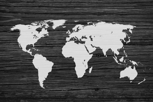 CANVAS PRINT WORLD MAP ON WOOD IN BLACK AND WHITE - PICTURES OF MAPS - PICTURES