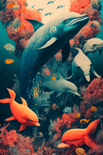 CANVAS PRINT OF SURREALISTIC DOLPHINS - PICTURES UNDERWATER WORLD - PICTURES