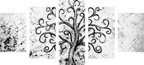 IMPRESSION SUR TOILE EN 5 PARTIES SYMBOLE DE L'ARBRE DE VIE EN NOIR ET BLANC - IMPRESSIONS SUR TOILE NOIR ET BLANC - IMPRESSION SUR TOILE