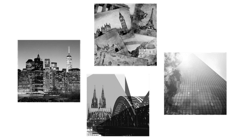 CANVAS PRINT SET OF CITIES IN BLACK AND WHITE - SET OF PICTURES - PICTURES