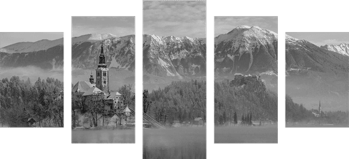 5-PIECE CANVAS PRINT CHURCH BY LAKE BLED IN SLOVENIA IN BLACK AND WHITE - BLACK AND WHITE PICTURES - PICTURES