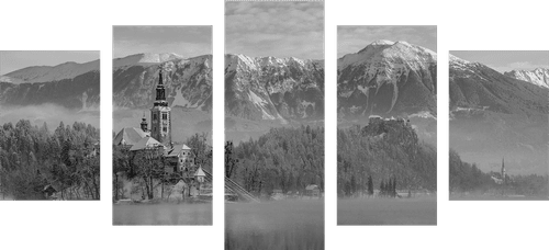 QUADRO IN 5 PARTI CHIESA NEL LAGO BLED IN SLOVENIA IN BIANCO E NERO - QUADRI BIANCO E NERO - QUADRI