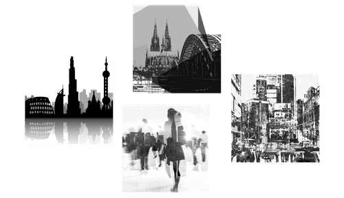 CANVAS PRINT SET URBAN BUSTLE IN BLACK AND WHITE - SET OF PICTURES - PICTURES