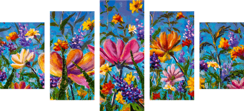 QUADRO IN 5 PARTI FIORI COLORATI NEL PRATO - QUADRI DI NATURA E PAESAGGIO - QUADRI