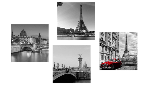 CANVAS PRINT SET PARIS WITH A RETRO RED CAR - SET OF PICTURES - PICTURES