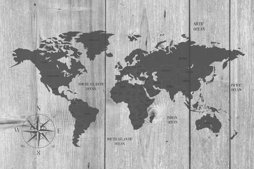 CANVAS PRINT GRAY MAP ON A WOODEN BACKGROUND - PICTURES OF MAPS - PICTURES