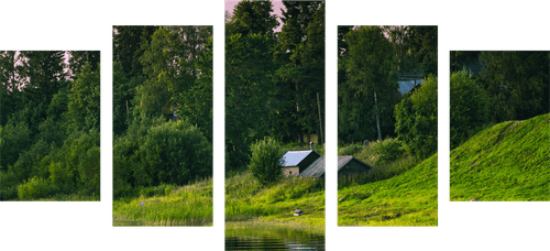 QUADRO IN 5 PARTI CASE DA FIABA VICINO IL FIUME - QUADRI DI NATURA E PAESAGGIO - QUADRI