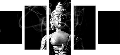 5-TEILIGES WANDBILD BUDDHA-STATUE IN SCHWARZ-WEISS - SCHWARZ-WEISSE BILDER - BILDER