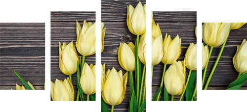 5-TEILIGES WANDBILD BEZAUBERNDE GELBE TULPEN AUF HÖLZERNEM HINTERGRUND - BILDER BLUMEN - BILDER