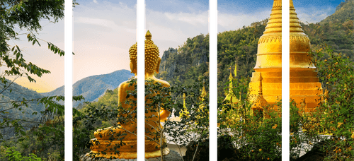 5-TEILIGES WANDBILD BLICK AUF DEN GOLDENEN BUDDHA - BILDER MIT FENG SHUI-MOTIVEN - BILDER