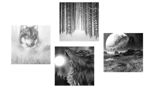 CANVAS PRINT SET MYSTERIOUS WOLF IN BLACK AND WHITE - SET OF PICTURES - PICTURES