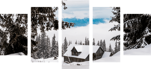 QUADRO IN 5 PARTI CASA DI LEGNO PRESSO PINI INNEVATI - QUADRI DI NATURA E PAESAGGIO - QUADRI