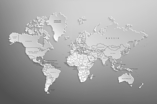 DECORATIVE PINBOARD BLACK AND WHITE WORLD MAP IN ORIGINAL DESIGN - PICTURES ON CORK - PICTURES