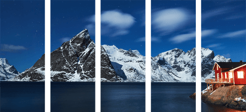 QUADRO IN 5 PARTI PAESAGGIO NOTTURNO IN NORVEGIA - QUADRI DI NATURA E PAESAGGIO - QUADRI