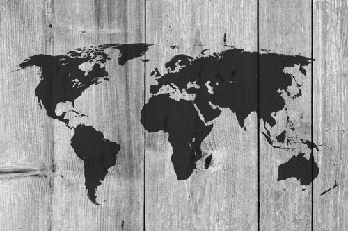 CANVAS PRINT BLACK AND WHITE MAP ON A WOODEN BACKGROUND - PICTURES OF MAPS - PICTURES