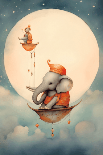 CANVAS PRINT DREAMY ELEPHANT ABOVE THE CLOUDS - DREAMY LITTLE ANIMALS - PICTURES