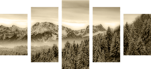 5-PIECE CANVAS PRINT FROZEN MOUNTAINS IN SEPIA - BLACK AND WHITE PICTURES - PICTURES