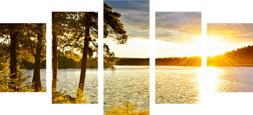 TABLEAU EN 5 PARTIES – COUCHER DE SOLEIL SUR LE LAC - TABLEAUX DE LA NATURE ET DES PAYSAGES - TABLEAUX