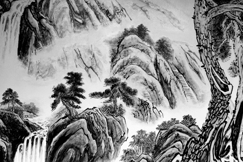 WANDBILD CHINESISCHE LANDSCHAFTSMALEREI IN SCHWARZ-WEISS - SCHWARZ-WEISSE BILDER - BILDER