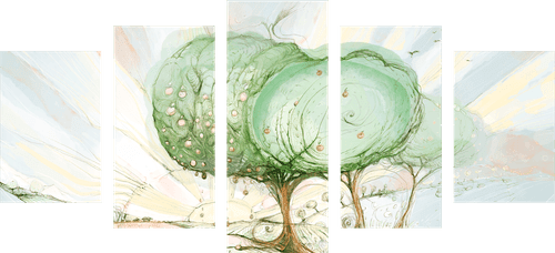 IMPRESSION SUR TOILE EN 5 PARTIES ARBRES SUR UN CHAMP PASTEL - IMPRESSIONS SUR TOILE ARBRES ET FEUILLES - IMPRESSION SUR TOILE