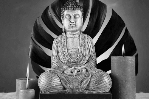 CANVAS PRINT BUDDHA WITH A RELAXING STILL LIFE IN BLACK AND WHITE - BLACK AND WHITE PICTURES - PICTURES