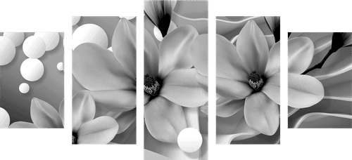 QUADRO IN 5 PARTI MAGNOLIA SU SFONDO ASTRATTO IN BIANCO E NERO - QUADRI BIANCO E NERO - QUADRI