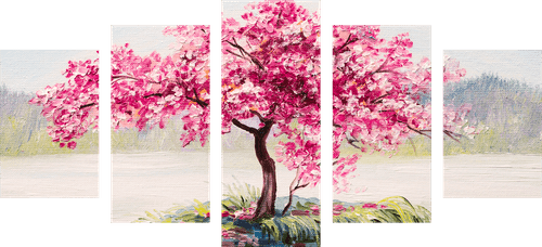 5-PIECE CANVAS PRINT ORIENTAL CHERRY IN PINK DESIGN - PICTURES OF NATURE AND LANDSCAPE - PICTURES