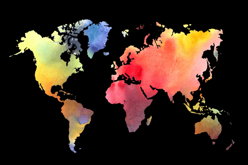 OBRAZ MAPA SVETA V AKVARELOVOM PREVEDENÍ NA ČIERNOM POZADÍ - OBRAZY MAPY - OBRAZY