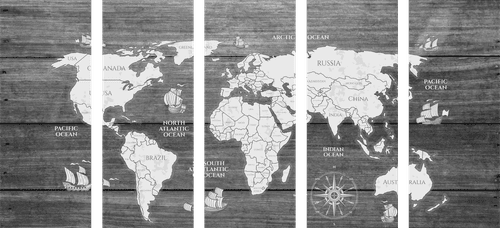 5-DIELNY OBRAZ ČIERNOBIELA MAPA NA DREVE - OBRAZY MAPY - OBRAZY