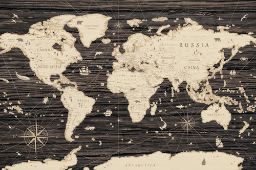 CANVAS PRINT MAP ON A WOODEN BACKGROUND - PICTURES OF MAPS - PICTURES