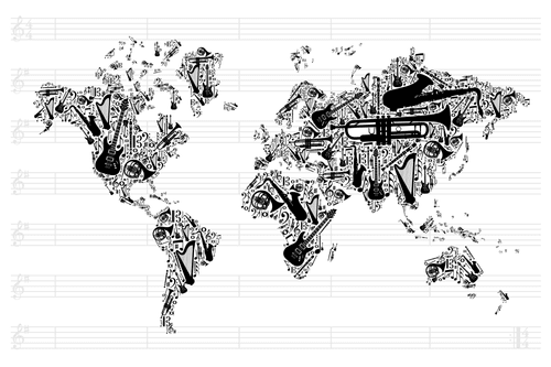 OBRAZ HUDEBNÍ MAPA SVĚTA V INVERZNÍ PODOBĚ - OBRAZY MAPY - OBRAZY