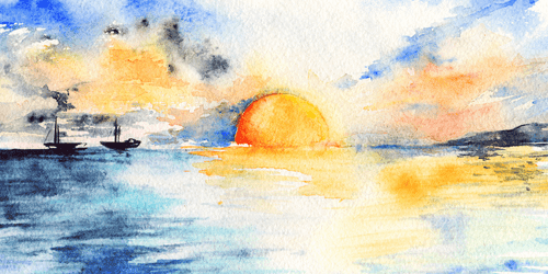 WANDBILD MEER UND UNTERGEHENDE SONNE IN AQUARELL - BILDER VON NATUR UND LANDSCHAFT - BILDER