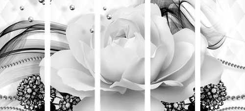 5-TEILIGES WANDBILD LUXURIÖSE ROSE IN SCHWARZ-WEISS - SCHWARZ-WEISSE BILDER - BILDER