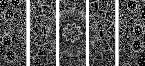 QUADRO IN 5 PARTI MANDALA ORIENTALE IN BIANCO E NERO - QUADRI BIANCO E NERO - QUADRI