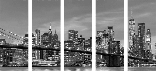 QUADRO IN 5 PARTI INCANTEVOLE PONTE DI BROOKLYN IN BIANCO E NERO - QUADRI CITTÀ - QUADRI