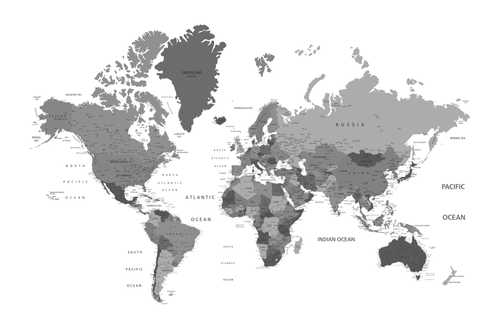 DECORATIVE PINBOARD WORLD MAP IN BLACK AND WHITE - PICTURES ON CORK - PICTURES