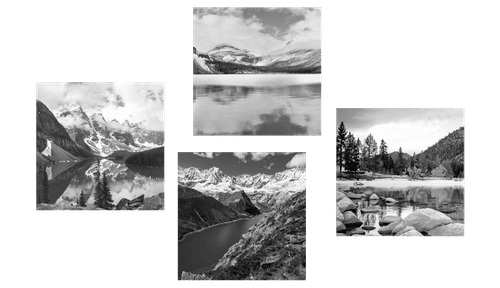 CANVAS PRINT SET CHARMING MOUNTAIN LANDSCAPES IN BLACK AND WHITE - SET OF PICTURES - PICTURES