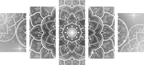 QUADRO IN 5 PARTI MANDALA ORIENTALE IN BIANCO E NERO - QUADRI BIANCO E NERO - QUADRI