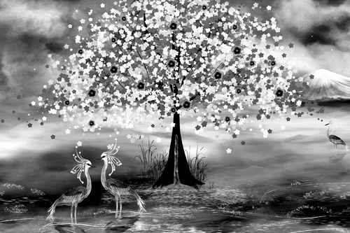 CANVAS PRINT HERONS UNDER A MAGICAL TREE IN BLACK AND WHITE - BLACK AND WHITE PICTURES - PICTURES