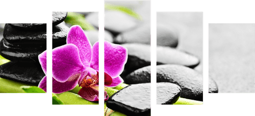 5-TEILIGES WANDBILD WELLNESS-STILLLEBEN MIT LILA ORCHIDEE - BILDER MIT FENG SHUI-MOTIVEN - BILDER