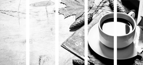 5-PIECE CANVAS PRINT CUP OF COFFEE IN AN AUTUMNAL FEEL IN BLACK AND WHITE - BLACK AND WHITE PICTURES - PICTURES