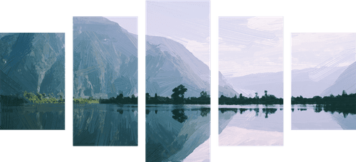 5-PIECE CANVAS PRINT PAINTED SCENERY OF A MOUNTAIN LAKE - PICTURES OF NATURE AND LANDSCAPE - PICTURES