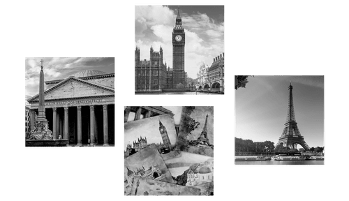 CANVAS PRINT SET HISTORICAL MONUMENTS IN BLACK AND WHITE - SET OF PICTURES - PICTURES