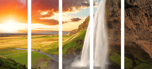5-PIECE CANVAS PRINT MAJESTIC WATERFALL IN ICELAND - PICTURES OF NATURE AND LANDSCAPE - PICTURES