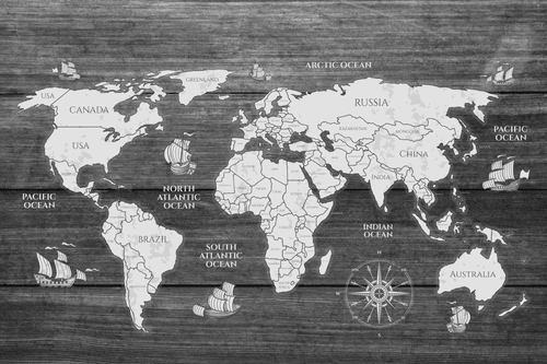 CANVAS PRINT BLACK AND WHITE MAP ON WOOD - PICTURES OF MAPS - PICTURES