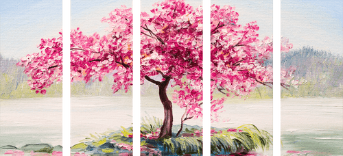 5-PIECE CANVAS PRINT ORIENTAL CHERRY IN PINK DESIGN - PICTURES OF NATURE AND LANDSCAPE - PICTURES