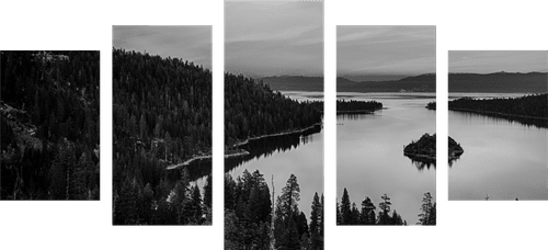 TABLEAU EN 5 PARTIES – LAC AU COUCHER DU SOLEIL EN NOIR ET BLANC - TABLEAUX EN NOIR ET BLANC - TABLEAUX