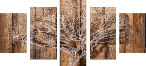 5-PIECE CANVAS PRINT TREE WITH THE IMITATION OF A WOODEN BASE - PICTURES OF NATURE AND LANDSCAPE - PICTURES