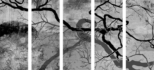 5-RÉSZES KÉP SZÜRREÁLIS FÁK FEKETE FEHÉRBEN - ÉLETFÁK KÉPEK - KÉPEK