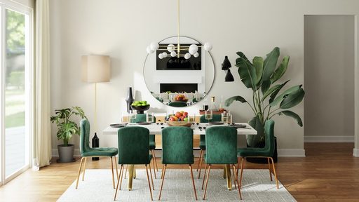 moderná jedáleň s veľkým okrúhlym zrkadlom